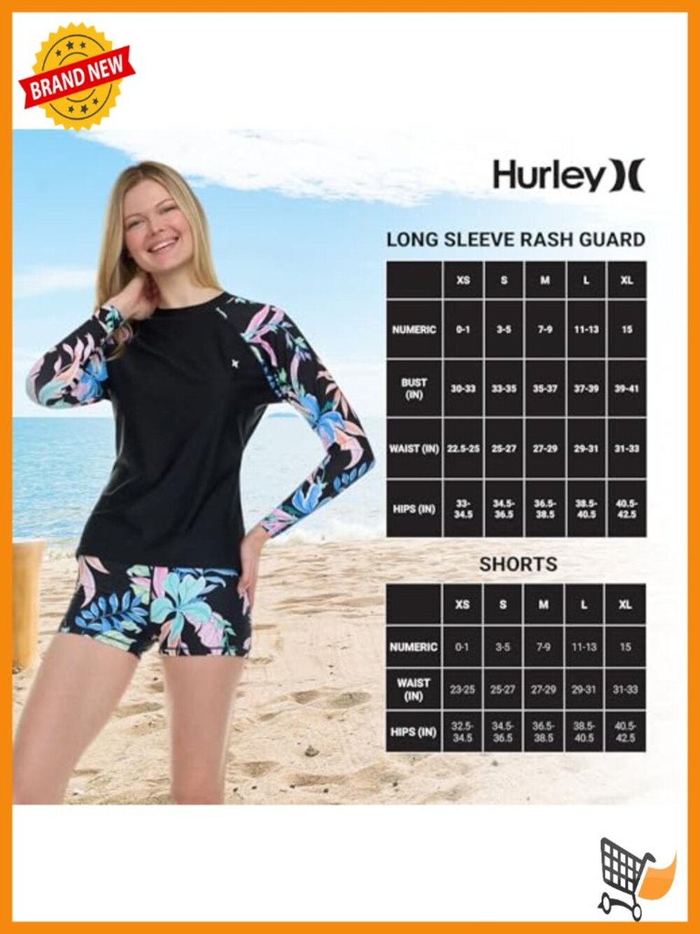 Hurley Women's Long Sleeve Rash Guard & Swim Shorts Set UPF 50+ Sun Protection - Picture 6 of 6
